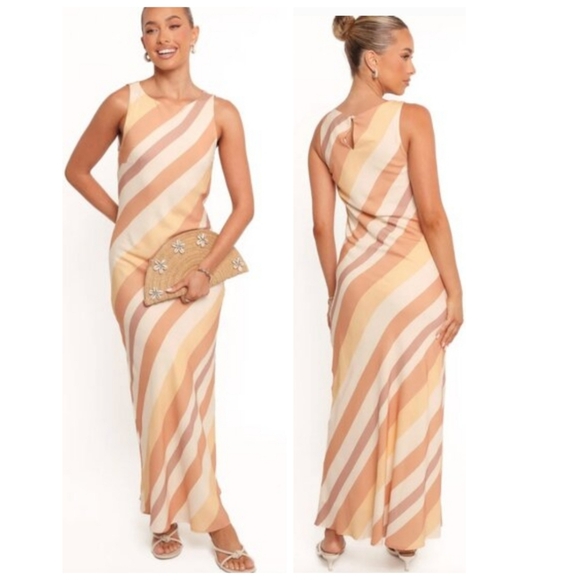 Petal & Pup Dresses & Skirts - Petal & Pup Flavia Maxi Dress Brown Stripes Size S Brunch Cocktail Vacation